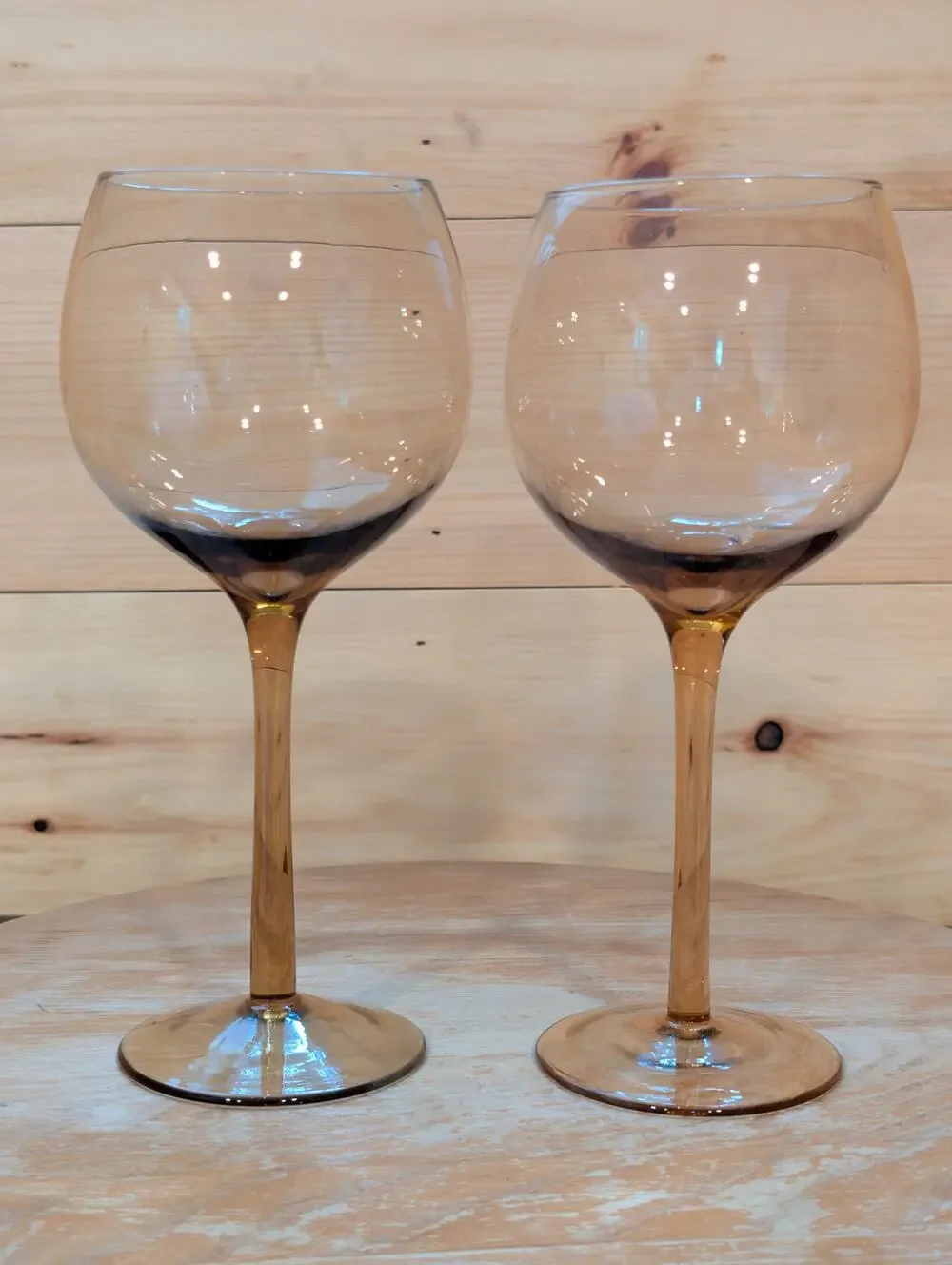 Set of 2 Amber Balloon Wine Glasses Large Stemware Vintage Style 8⅜